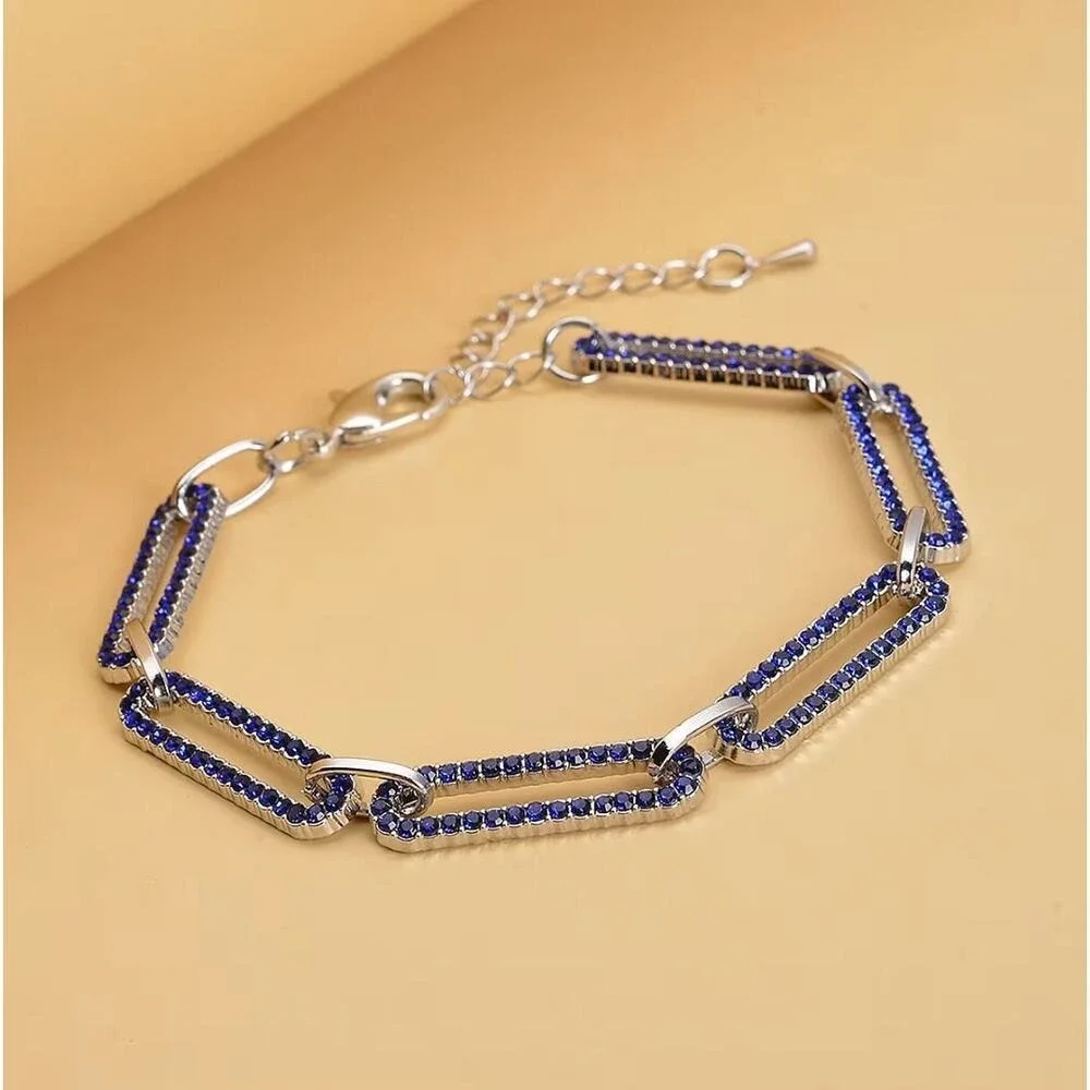 Blue Austrian Crystal Paperclip Chain Bracelet Silver Tone Adjustable 7.5-9.5